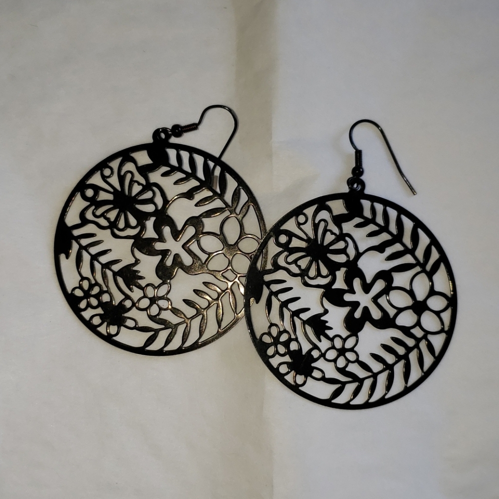 Earrings, Circular with Butterfly/Flower Design